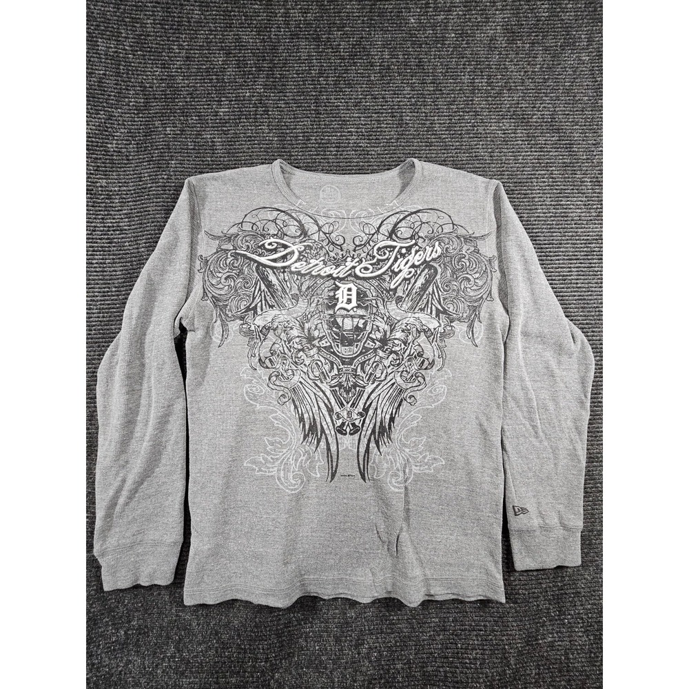 Detroit Tigers Thermal Shirt Mens Large Gray New Era Baseball Gothic Graphic